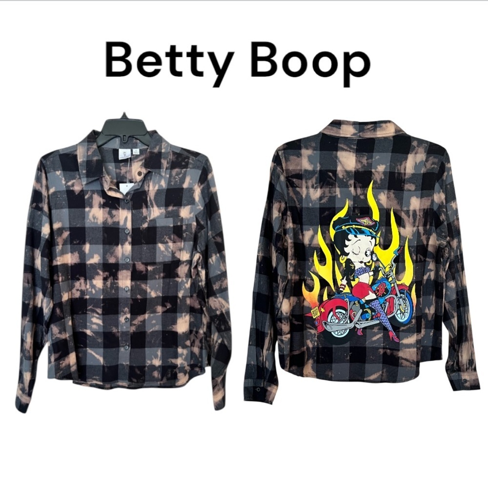 NWT Betty Boop Graphic Black/Gray Plaid Bleach Wash Flannel Shirt Sz XS